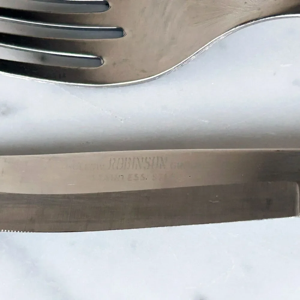 Vintage Robinson Hollow Ground Stainless Steel Silverware Flatware Bk/Wht Handle
